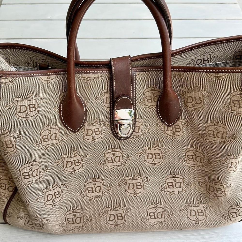 Y2K Dooney & Bourke DB Logo Double Handle Tote Brown Fabric Leather Accents